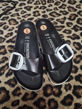 Birkenstock Madrid Black Slide Sandals with White Buckle